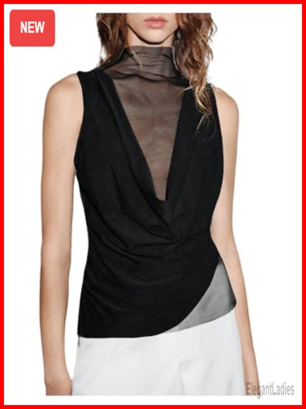 SweatyRocks Women's Sheer Mesh Turtleneck Asymmetrical Tank Top Draped Front